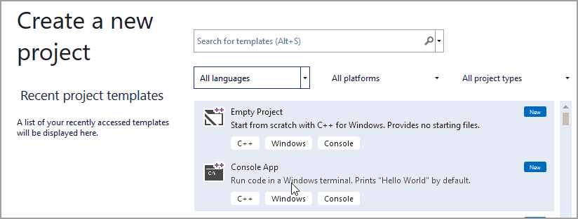 Build and run a C++ console app project