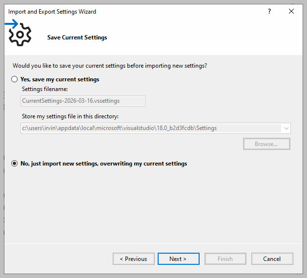Save current settings window